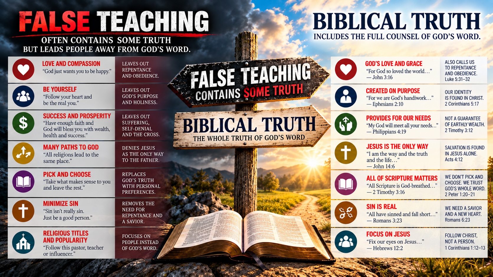 False teaching often contains some truth but often leads people away from God's Word. Biblical truth includes the full couple of God's Word.